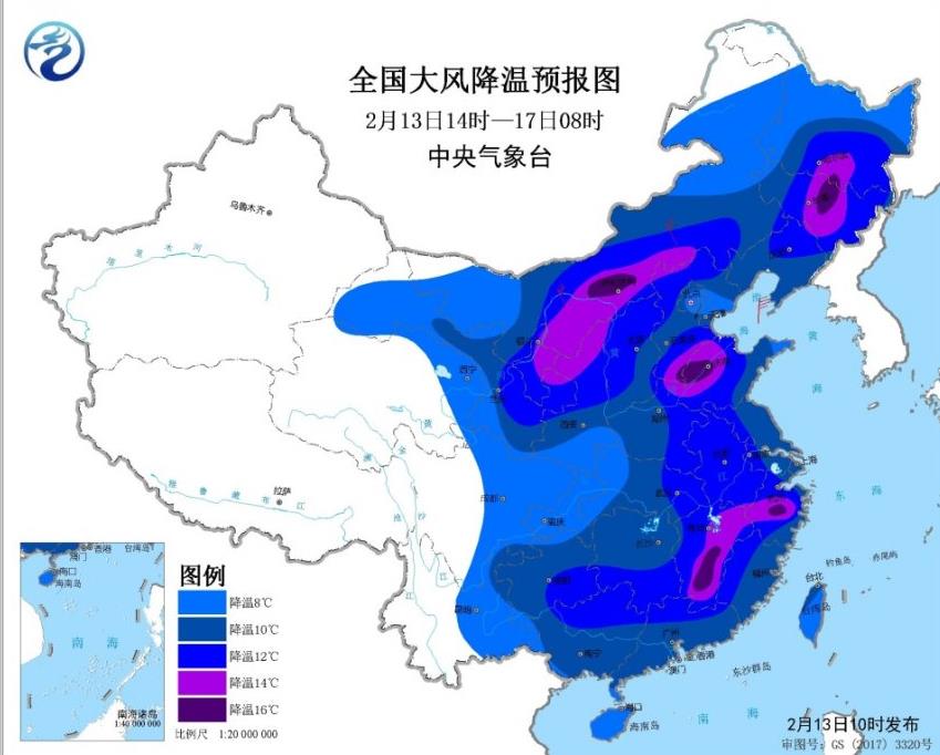 寒潮黄色预警覆盖全国大部地区 最少降温8℃