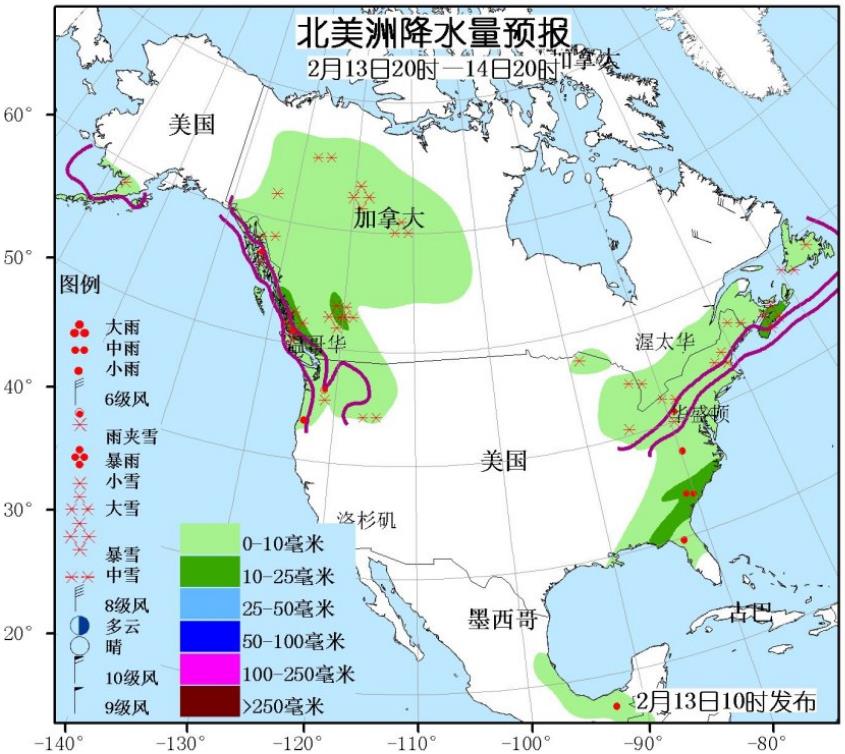 2月14日国外天气预报 北美北部仍有强降水出现