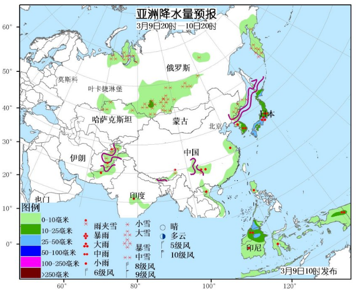 3月9日国外天气预报 亚洲西北部有较强降雪