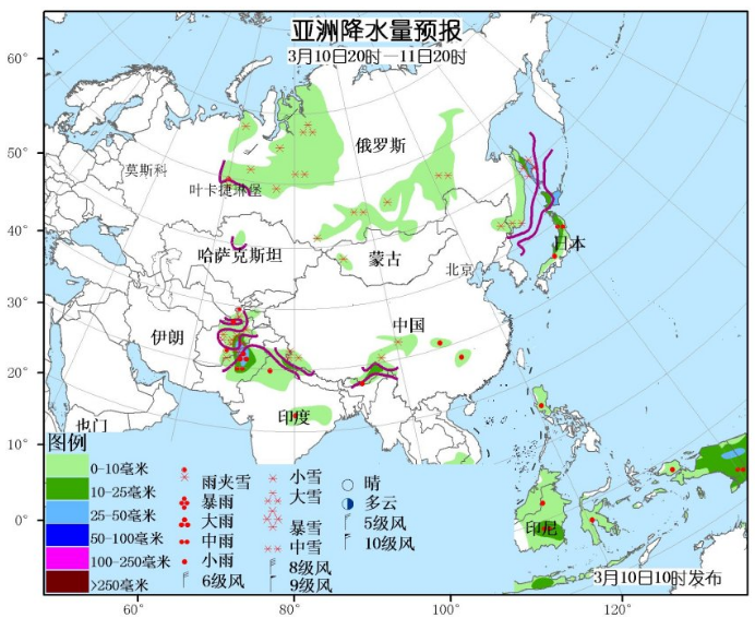 3月10日国外天气预报 亚洲北部有较强雨雪北美西部有较强雨雪