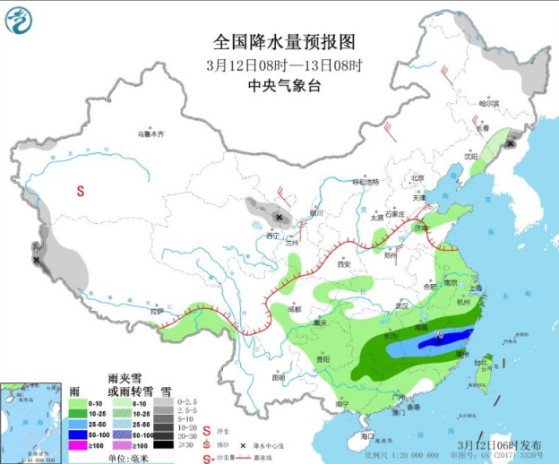 冷空气对中东部影响加大 江南中南部等地中到大雨