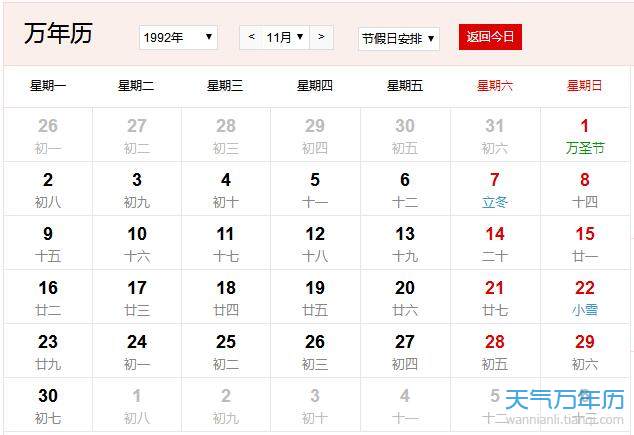 1992年农历阳历表 1992年阴历阳历对照表
