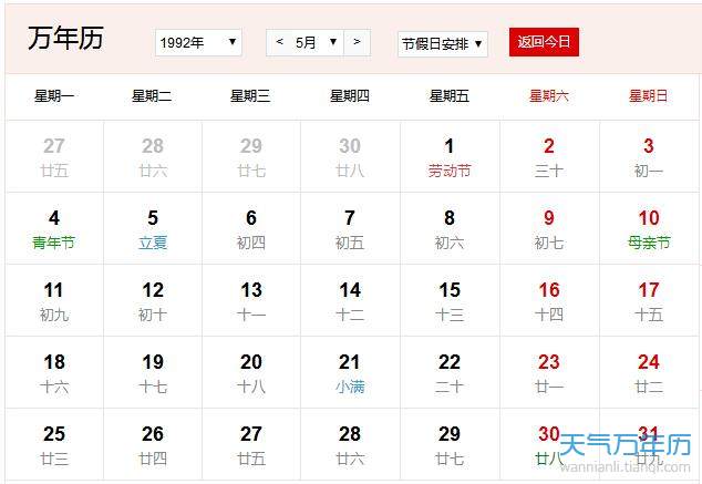 1992年农历阳历表 1992年阴历阳历对照表