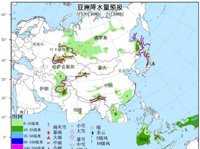 3月20日国外天气预报 亚洲北部有较强降雪