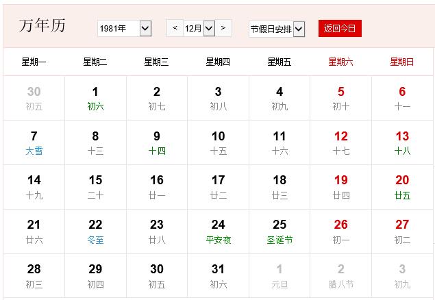 1981年农历阳历表 1981年日历带农历对照表