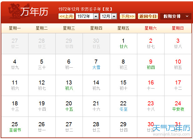 1972年农历阳历表 1972年日历表（图）