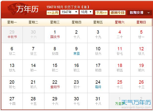 1947年农历阳历表 1947年阴历阳历对照表