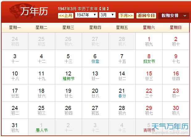 1947年农历阳历表 1947年阴历阳历对照表