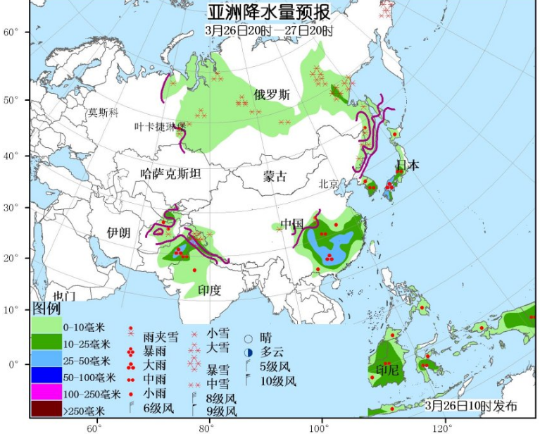 3月26日国外天气预报 北美中北部亚洲北部有较强降水