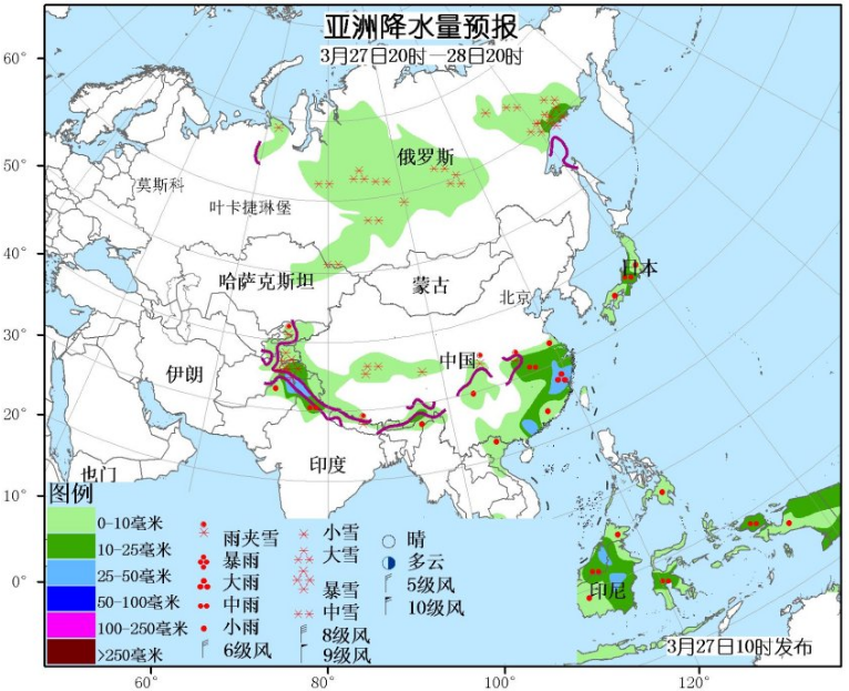 3月27日国外天气预报 亚洲北部有较强降雪