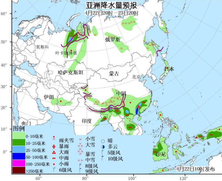 4月22日国外天气预报 北美东部和东欧等地多雨雪