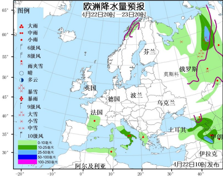 4月22日国外天气预报 北美东部和东欧等地多雨雪