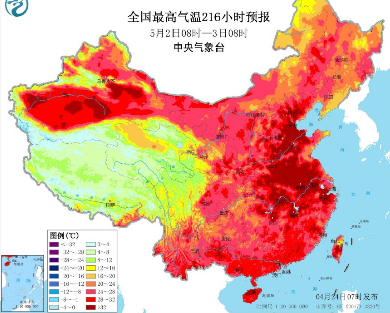 未来几天全国最高气温预报图 中东部红的可怕