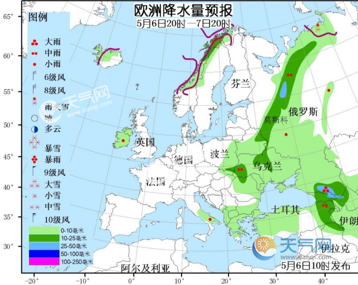 5月6日国外天气预报 欧洲东部多降水