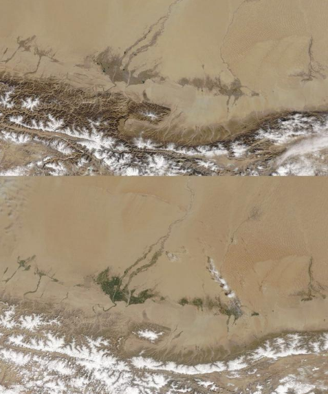 NASA卫星图显示塔克拉玛干沙漠在变绿 死亡之海植物春天发芽