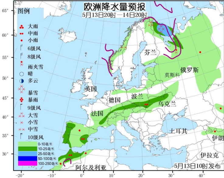 5月13日国外天气预报 欧洲大部有明显降水南部高温天气