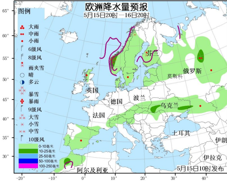 5月15日国外天气预报 欧洲大部降水南部高温