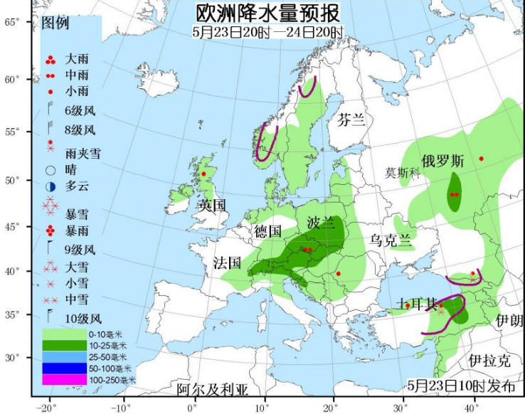 5月23日国外天气预报 欧洲东部有降水出现
