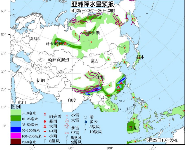 5月25日国外天气预报 美国中部有中到大雨