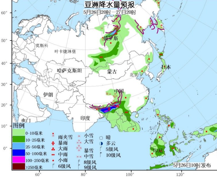 5月26日国外天气预报 中南半岛西北部有强降雨