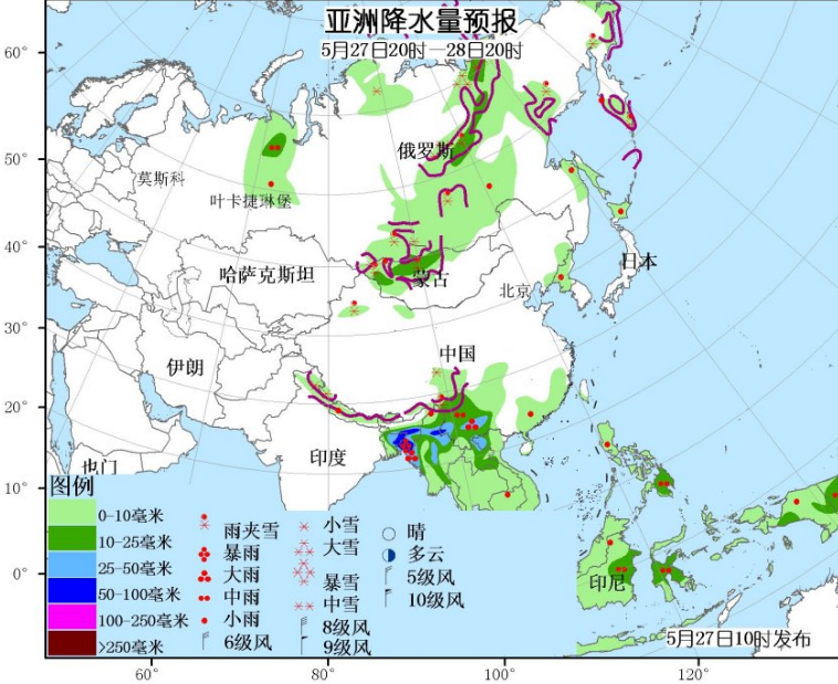 5月27日国外天气预报 亚洲南部有强降雨