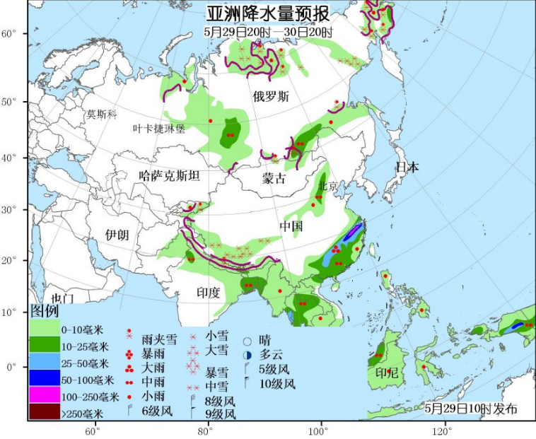 5月29日国外天气预报 亚洲南部有强降雨