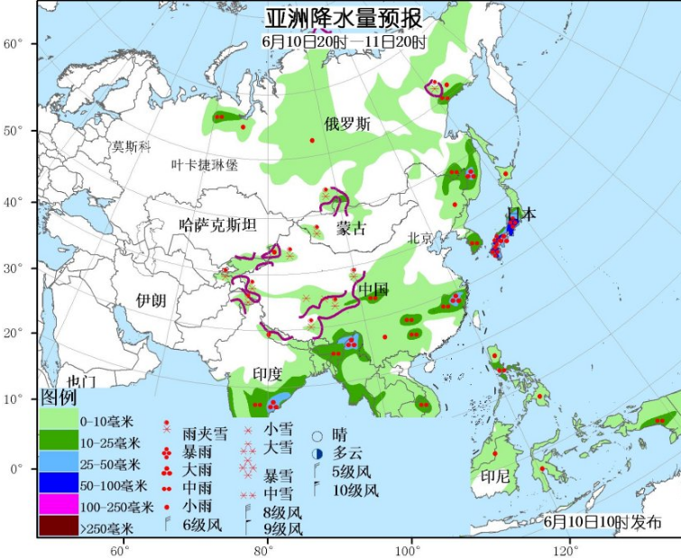 6月10日国外天气预报 亚洲南部东部有强降水西部高温