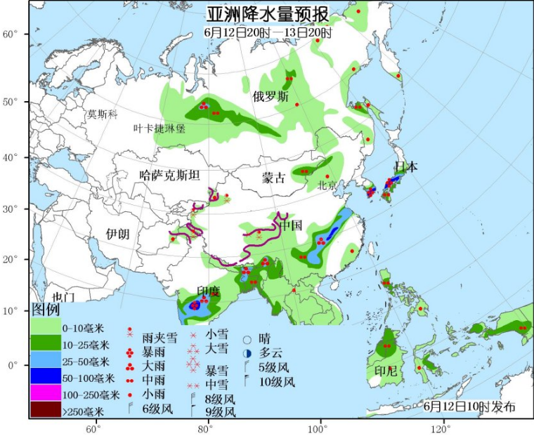 6月12日国外天气预报 亚洲南部和东部有较强降水