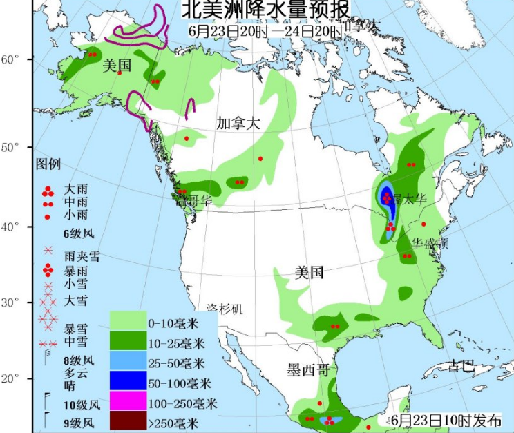 6月23日国外天气预报 北美五大湖和墨西哥东部有强降水