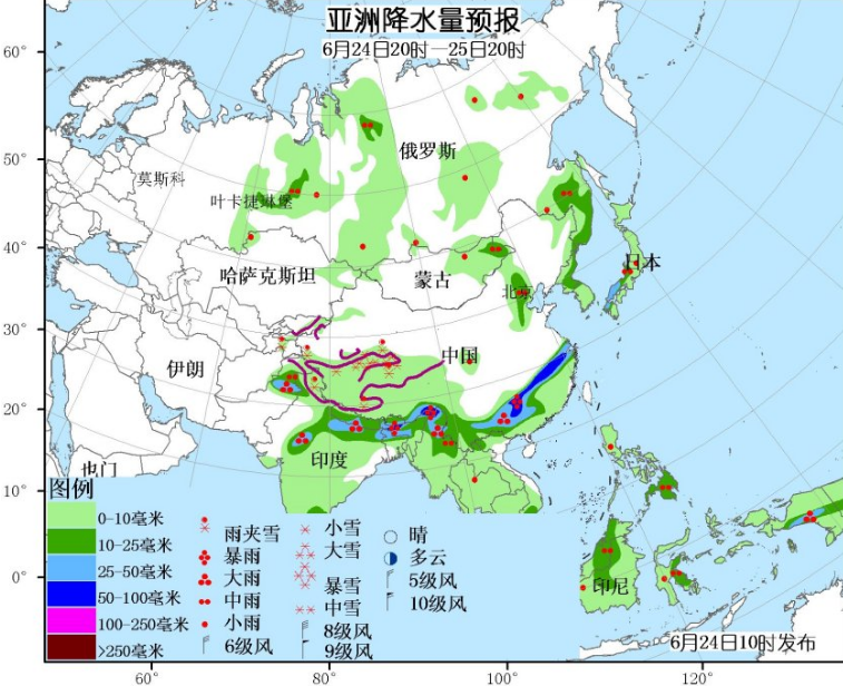 6月24日国外天气预报 美国南部有强降水