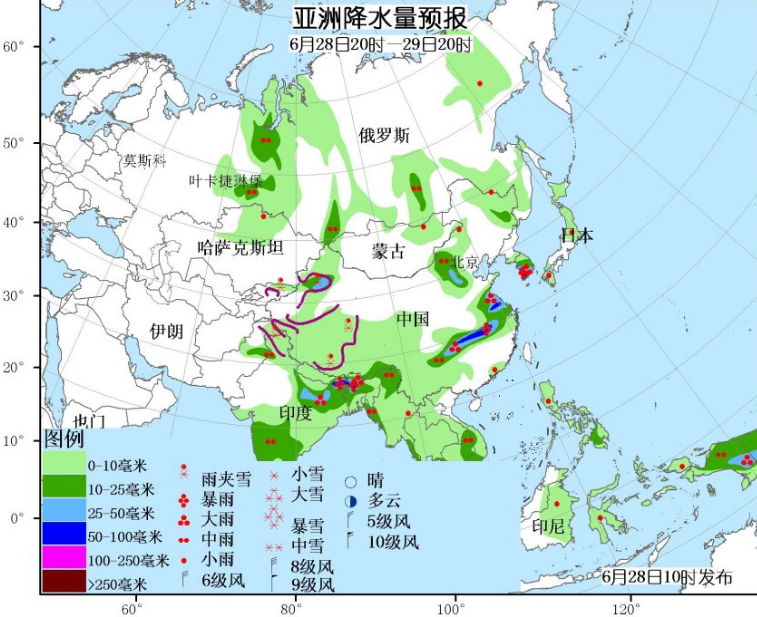 6月28日国外天气预报 东亚强降水西亚高温持续