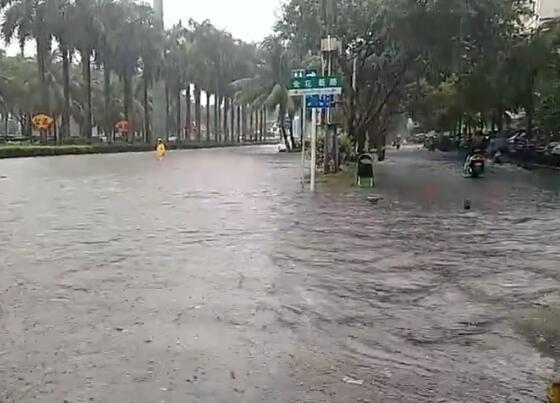 海口市滨海大道海口港路段发生积水 导致车辆无法正常通行