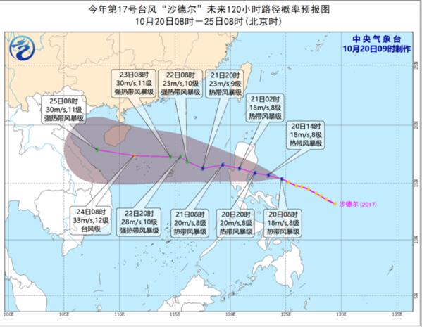 今年17号台风沙德尔路径实时发布系统 台风沙德尔未来可达台风级