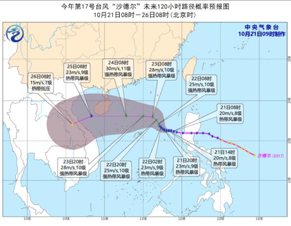 17号台风沙德尔路径实时发布系统 预计21日中午前后进入南海风力有8级