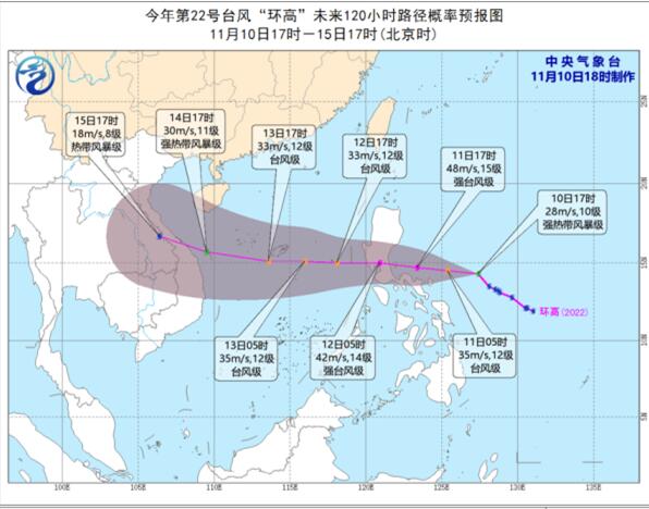 22号台风环高最新消息实时路径图 预计12日登陆菲律宾风力增至10级