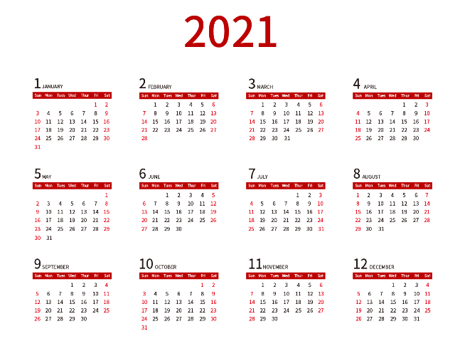 2021年日历全年表一张图 2021年一整张完整全年日历表