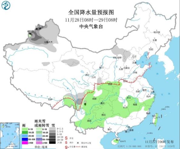 江淮江南继续阴雨气温10℃以下 新疆青海等西北一带小雪或雨夹雪