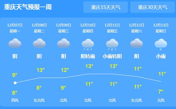 今日大雪重庆各地阴雨不断 主城气温气温仅10℃出头