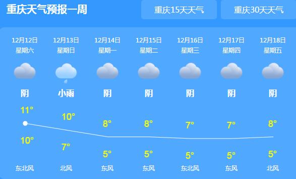 重庆阴雨绵绵气温仅10℃出头 部分山区伴有小到中雪