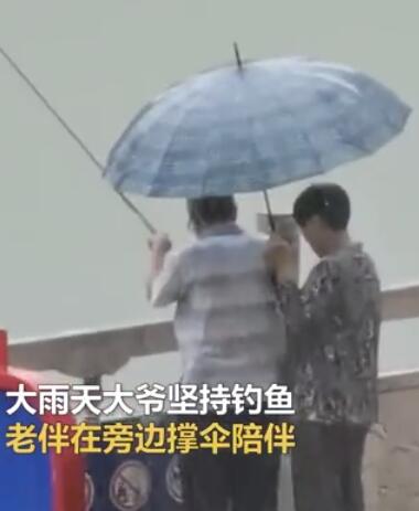 暴雨中大妈撑伞陪大爷钓鱼 网友：真让人羡慕