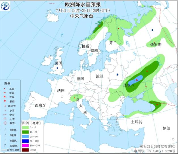 7月21日国外天气预报 欧洲东部南部有较强降雨