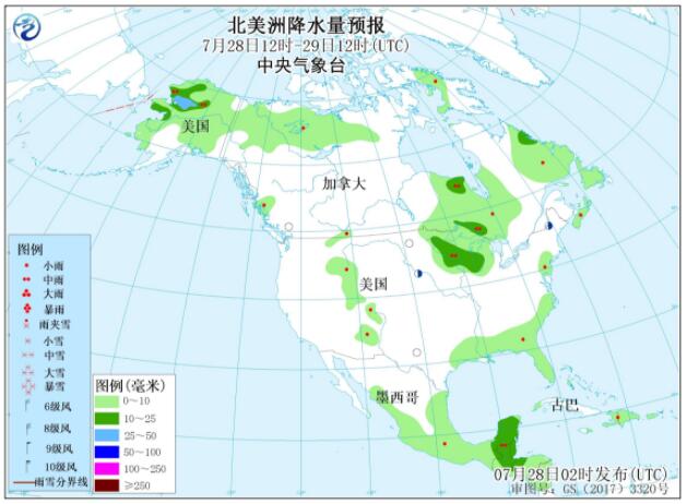 7月28日国外天气预报 北美洲大部地区有降水