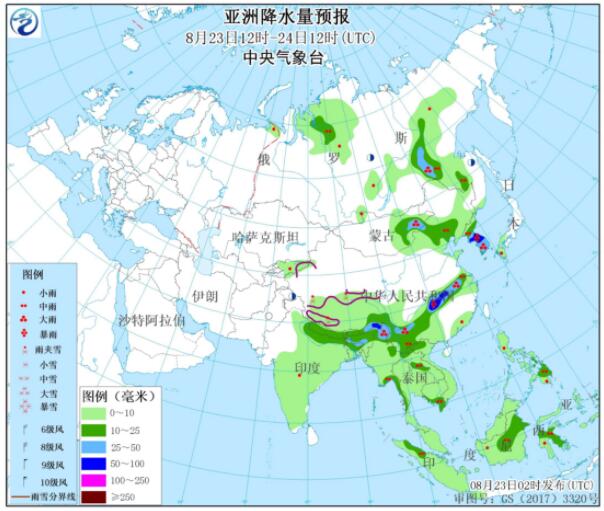 8月23日国外天气预报：南亚东亚等继续强降雨南美洲有降雪