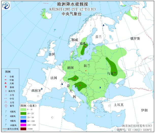 8月26日国外天气预报：未来三天欧洲大部多降雨