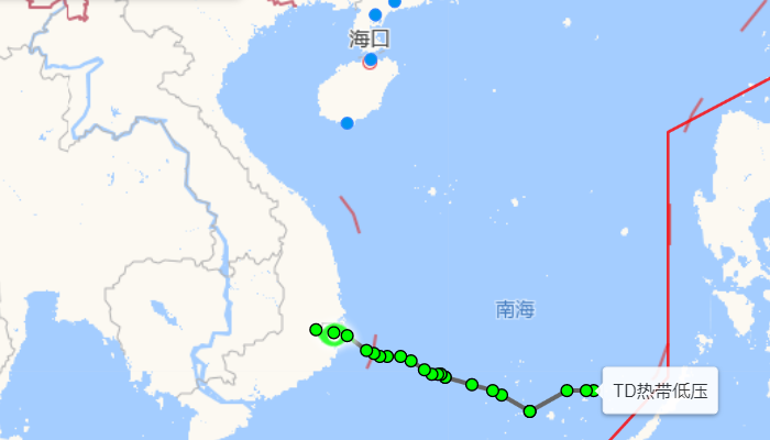南海热带低压最新实时路径图发布 热带低压今日早上登陆越南东南部庆和省沿海