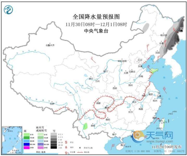 全国降水量预报图(11月30日08时-12月1日08时)