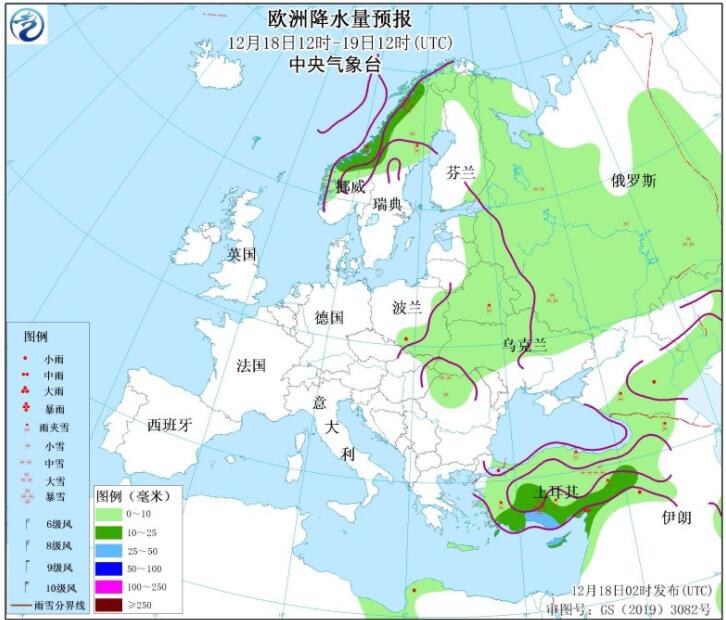 12月18日国外天气预报：欧洲中东部有大范围降雪