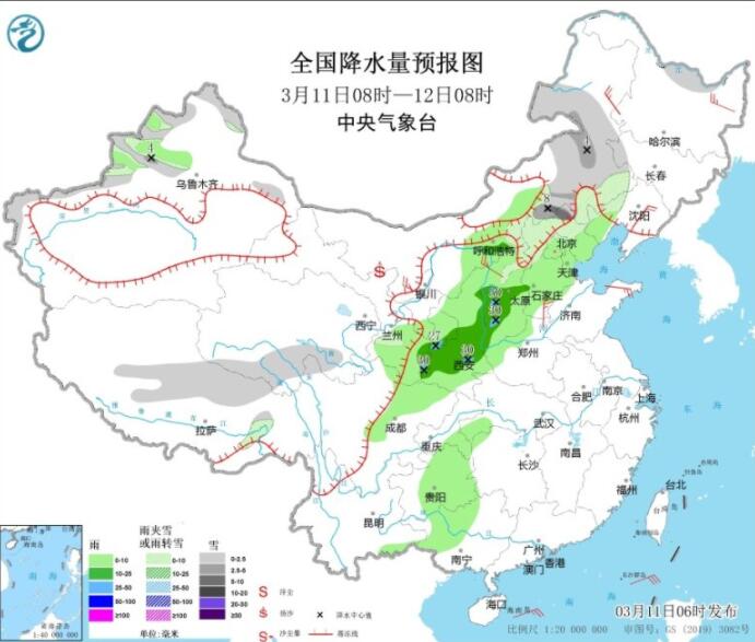 中东部及新疆有大范围雨雪 陕西山西河南等有雷雨