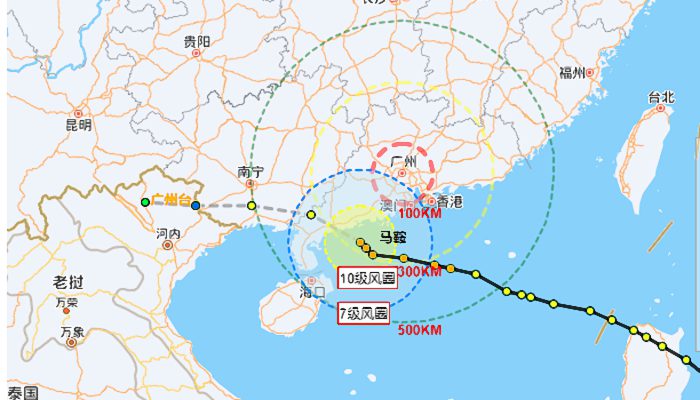 广东台风马鞍实时路径图最新 9号台风将至广东暴雨大风来袭