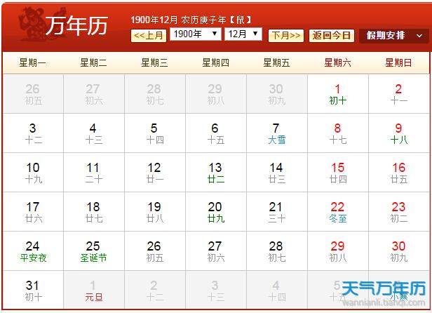 1900年农历阳历表 1900年日历表查询